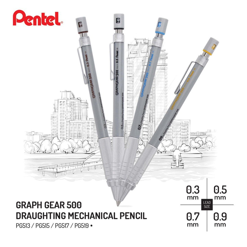 Japan Version Pentel Graph Gear 500 Drafting Mech Pencil 0.3 0.4 0.5 0.7 0.9mm PG513 PG514 PG515 PG517 PG519
