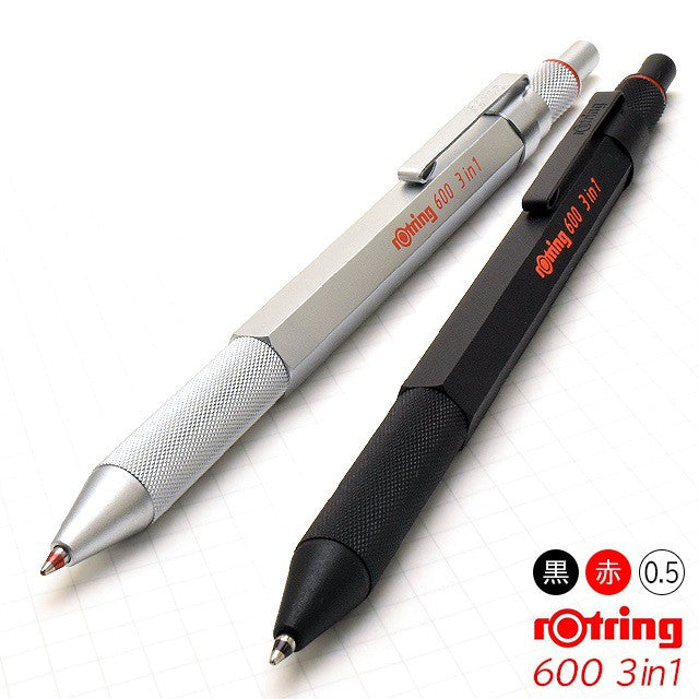 rOtring 600 3-in-1 Multi Function Ballpoint Pen (Black, Red ink) Mechanical Pencil (0.5mm) Full Metal rotring