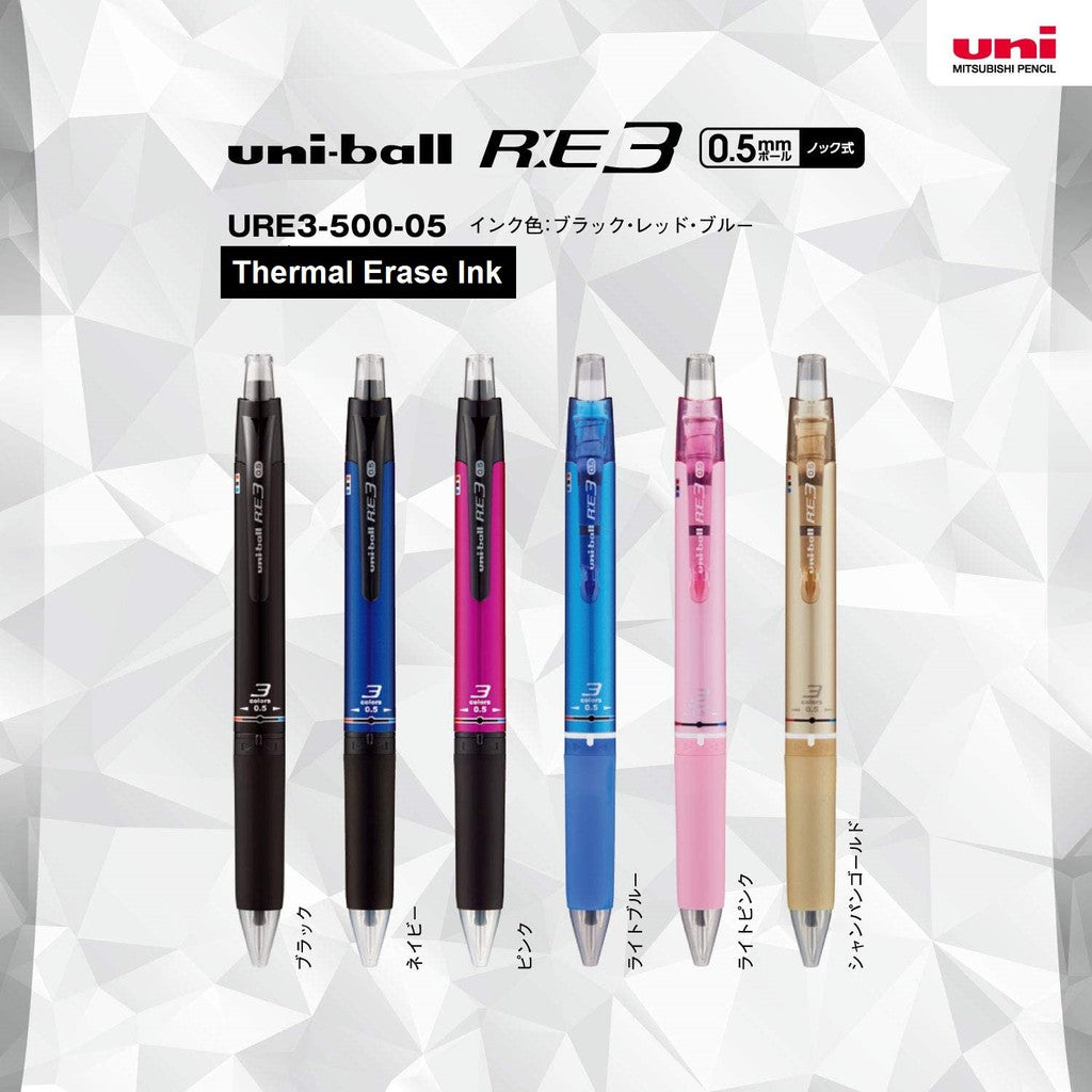 Uni-Ball Erasable 3 Color Ballpoint Pen RE3 Multicolor Mitsubishi Pencil Thermal Erase Ink RE-3