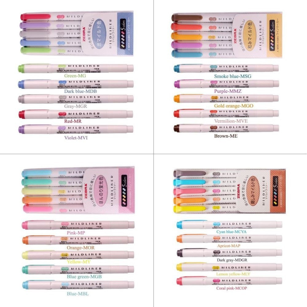 Original Japan Zebra Mildliner Double Sided Highlighter Set - Pack of 5 Colors