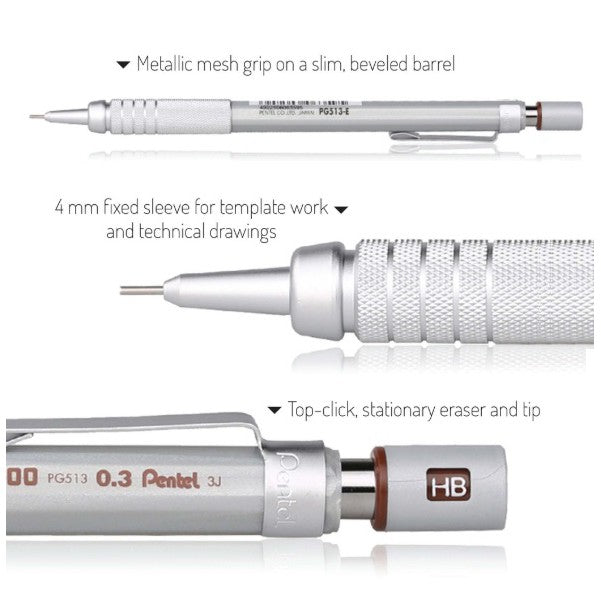 Japan Version Pentel Graph Gear 500 Drafting Mech Pencil 0.3 0.4 0.5 0.7 0.9mm PG513 PG514 PG515 PG517 PG519