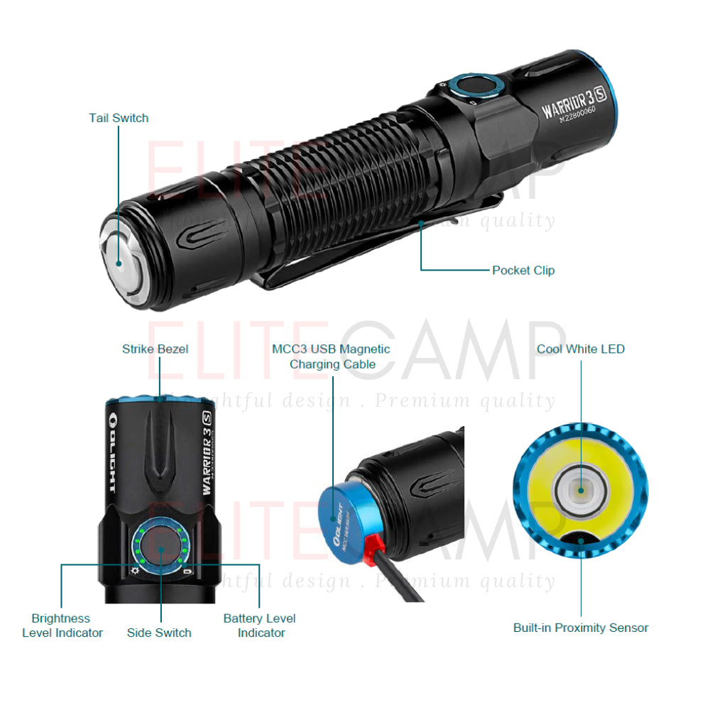 Olight Warrior 3S Tactical Flashlight with Proximity Sensor Rechargeable Camping Hiking Torchlight
