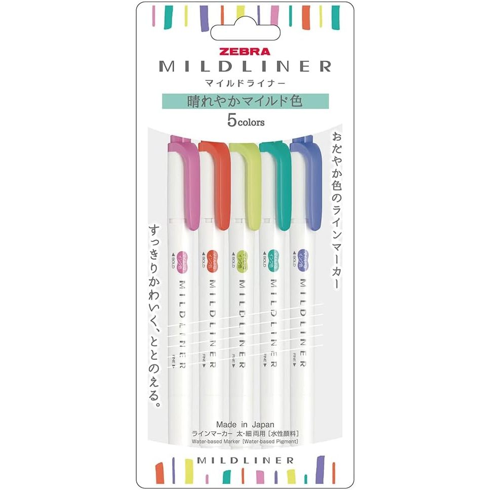 Original Japan Zebra Mildliner Double Sided Highlighter Set - Pack of 5 Colors