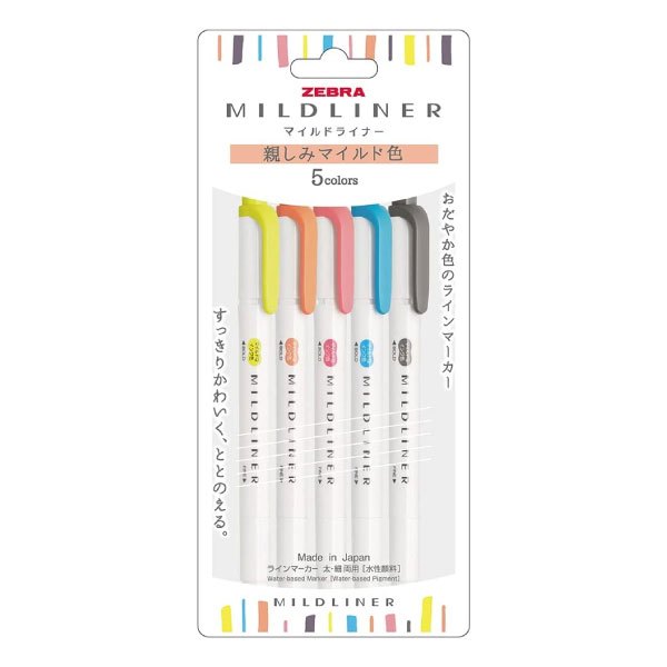 Original Japan Zebra Mildliner Double Sided Highlighter Set - Pack of 5 Colors