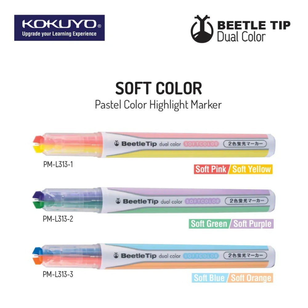 Kokuyo Beetle Tip Dual Color Highlighter Marker Set PML313 (Soft Color)