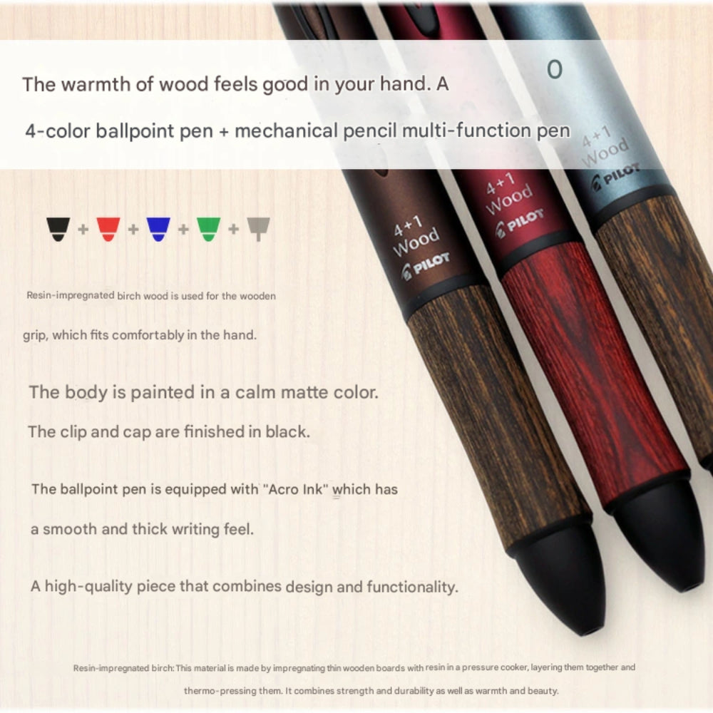 Pilot 4+1 Wood-earth Color Ballpoint Pen 5mm BH41FW-155-RL BH41FW-155-MG BH41FW-155-SBE BH41FW-155-OP