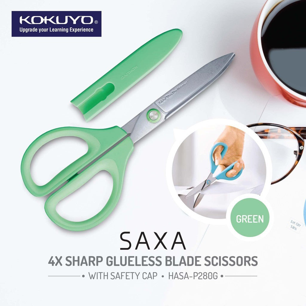 Kokuyo Hasa-P280 Saxa Glueless 4x Sharp Scissors with Safety Cap HASA-P280B P280G P280R P280W P280Y