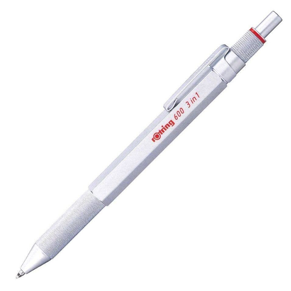 rOtring 600 3-in-1 Multi Function Ballpoint Pen (Black, Red ink) Mechanical Pencil (0.5mm) Metal
